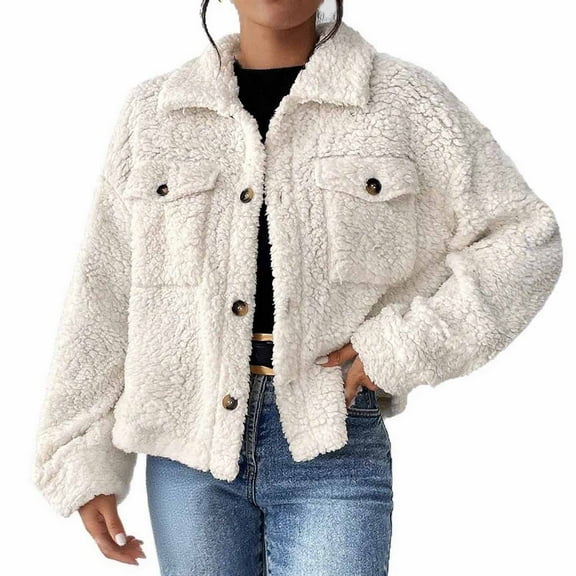 jtjvou Womens Fleece Jacket Casual Long Sleeve Button Cropped Down Fuzzy Coats Fall Winter Warm Outwear With PocketsWhite S