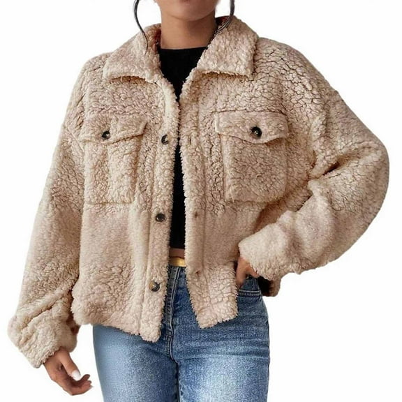 jtjvou Womens Fleece Jacket Casual Long Sleeve Button Cropped Down Fuzzy Coats Fall Winter Warm Outwear With PocketsYellow S