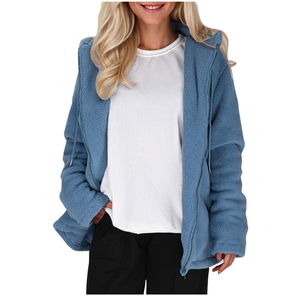 jtjvou Womens Fleece Jackets Solid Zip Up Coats Long Sleeve Fuzzy Hooded Jacket Outerwear Casual Cardigan Coat with Pockets Blue M