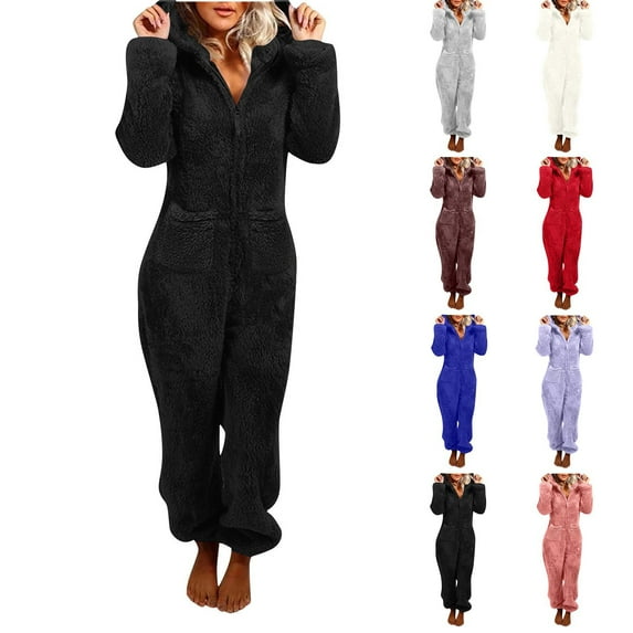 jtjvou Womens Fleece Onesies Pajamas Jumpsuit Warm Romper Sleepwear One Piece Zipper Hooded Playsuit Loungewear Beige L