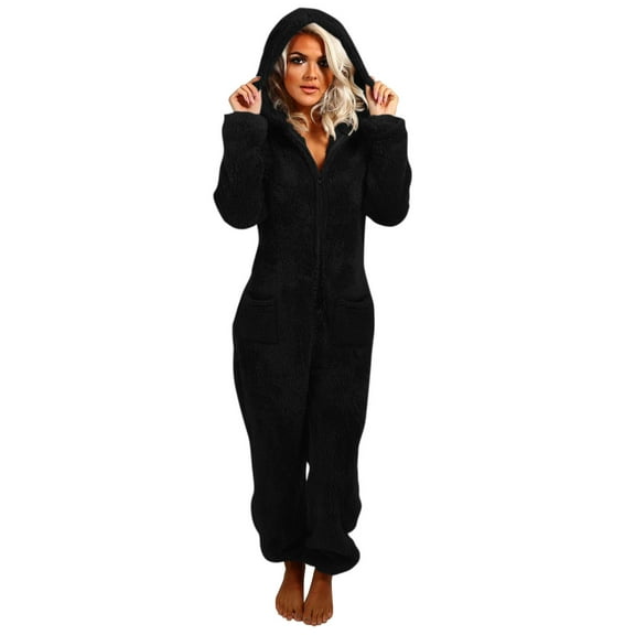 jtjvou Womens Fleece Onesies Pajamas Jumpsuit Warm Romper Sleepwear One Piece Zipper Hooded Playsuit Loungewear Black L