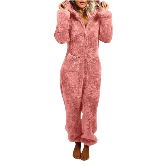 jtjvou Womens Fleece Onesies Pajamas Jumpsuit Warm Romper Sleepwear One Piece Zipper Hooded Playsuit Loungewear Pink S