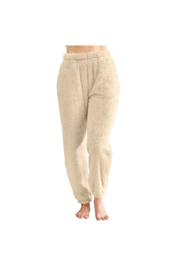 Womens Fleece Pajama Pants, Winter Warm Fuzzy Lounge Bottoms Long Soft Plush Fluffy Pj Pants with Pockets Beige S