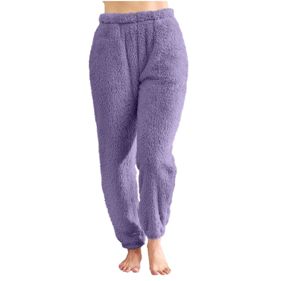 jtjvou Womens Fleece Pajama Pants, Winter Warm Fuzzy Lounge Bottoms Long Soft Plush Fluffy Pj Pants with Pockets Purple S