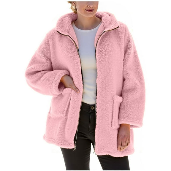 jtjvou Womens Fuzzy Fleece Jacket Button Down Coats Casual Winter Warm Outwear with Pockets Pink L