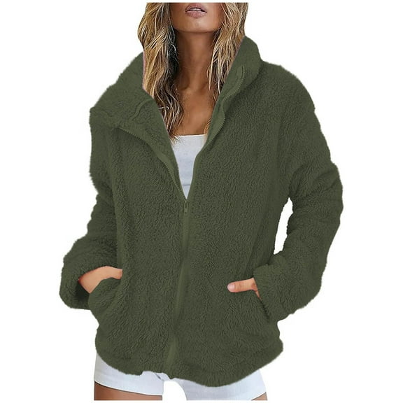 jtjvou Womens Fuzzy Fleece Jackets Trendy Zip Long Sleeve Solid Teddy Coat Loose Casual Lightweight Warm Outwear with Pocket Green XXL