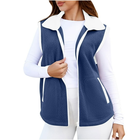 jtjvou Womens Fuzzy Fleece Vest Casual Sleeveless Outerwear Travel Zip Up Jacket Lightweight Warm Gilet With Pockets Blue L