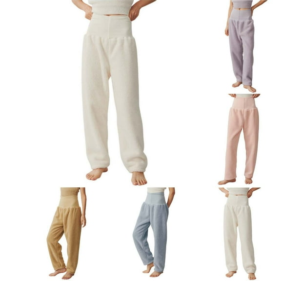 jtjvou Womens Fuzzy Pants High Waisted Warm Shaggy Plush Pajama Pants Soft Cozy Winter Thermal Lounge Trousers Pink L