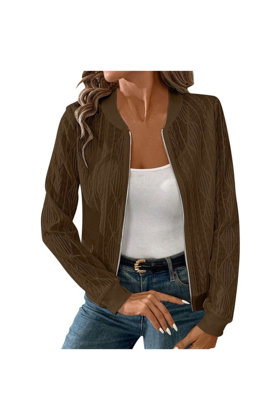 Womens Jacket Coat Casual Stand Collar Zip Up Lightweight Fall Fashion Knit Jackets Trendy Streetwear Brown XXL