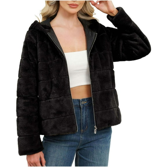 jtjvou Womens Ladies Warm Faux Furry Coat Jacket Winter Solid Color Hooded Outerwear Black M