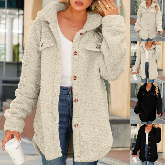 jtjvou Womens Lightweight Plush Teddy Jackets Long Sleeve Button Down Coats Winter Warm Lapel Top Oversized Outerwear Beige L