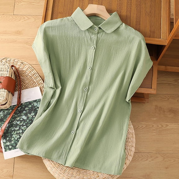 jtjvou Womens Linen Tops 2025 Button Down Shirts Plus Size Cap Sleeve Cotton Casual Collared Shirt V Neck Summer Blouses Green XXL