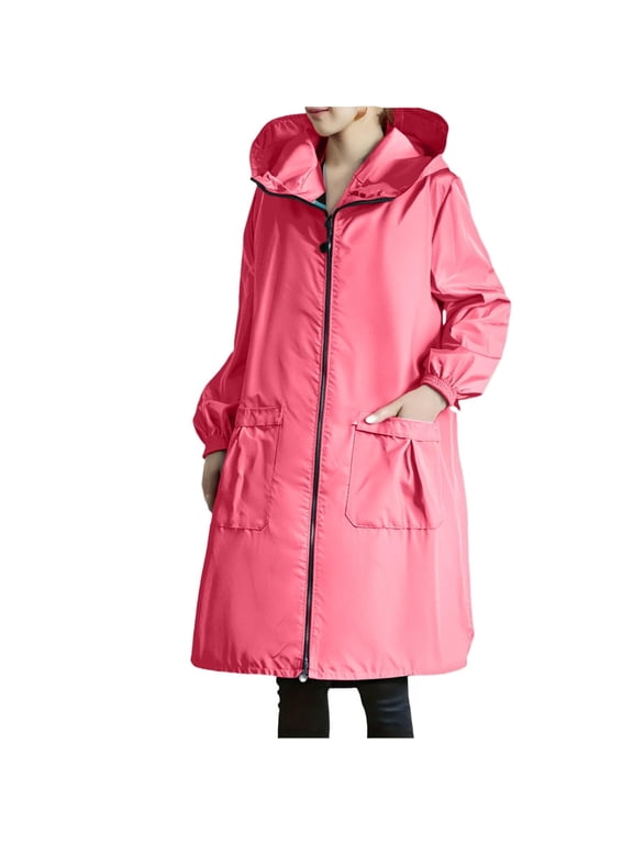 Womens Long Raincoat with Pockets Waterproof Oversized Hooded Rain Trench Coats Lightweight WindbreakerPink XXL