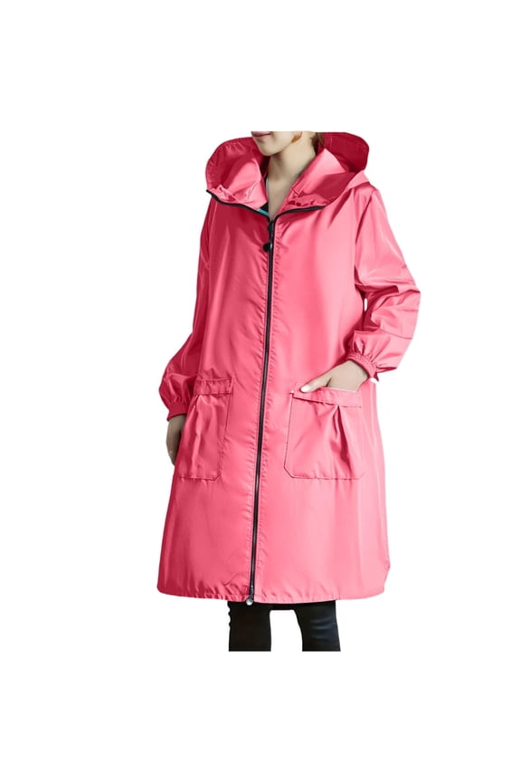Womens Long Raincoat with Pockets Waterproof Oversized Hooded Rain Trench Coats Lightweight WindbreakerPink XXL