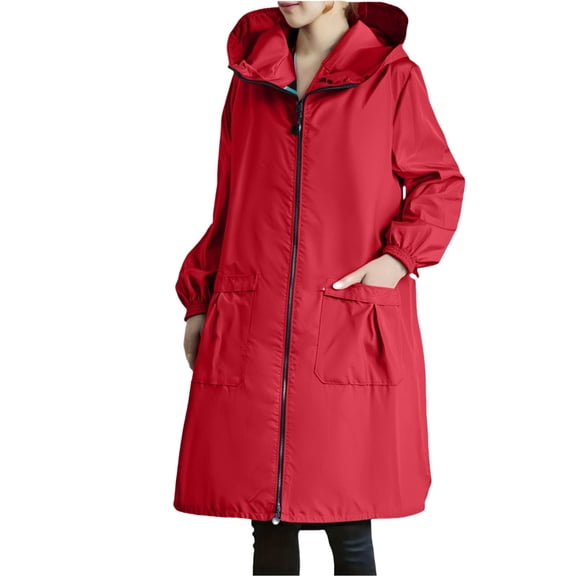 jtjvou Womens Long Raincoat with Pockets Waterproof Oversized Hooded Rain Trench Coats Lightweight WindbreakerRed XL