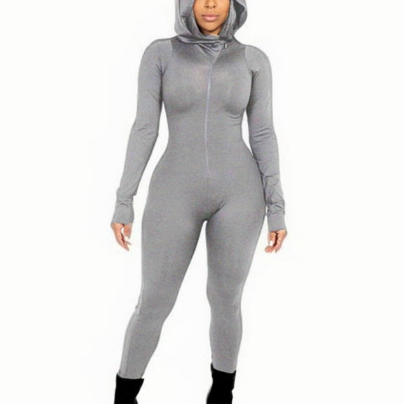 jtjvou Womens Long Sleeve Jumpsuit Bodycon One Piece Zipper Up Hooded Leggings Romper Workout Running Yoga Fitness Bodysuit Gray L