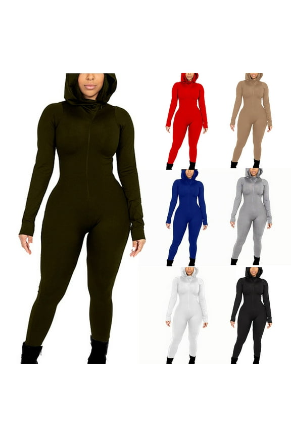 Womens Long Sleeve Jumpsuit Bodycon One Piece Zipper Up Hooded Leggings Romper Workout Running Yoga Fitness Bodysuit Green L