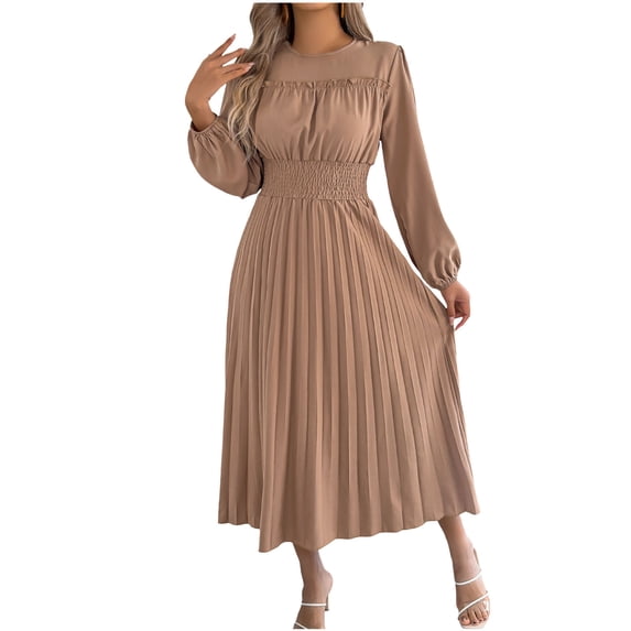 jtjvou Womens Long Sleeve Midi Dress Elegant High Neck Smocked Waist Pleated A Line Casual Solid Swing Flowy Dresseses Khaki S