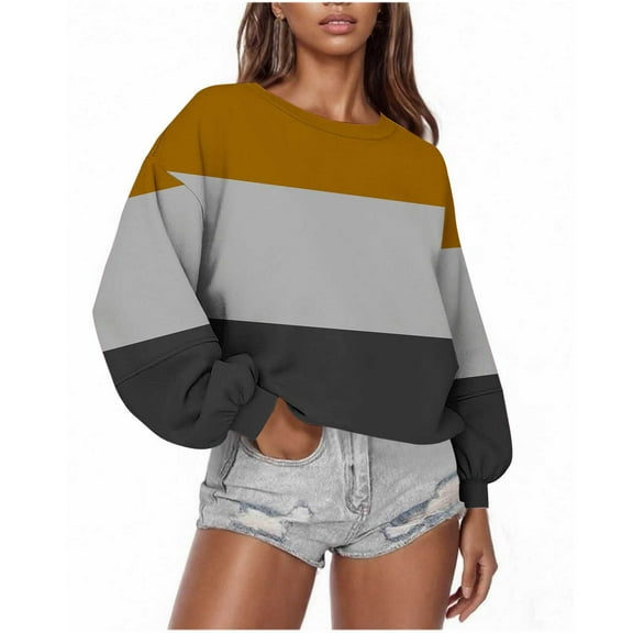 jtjvou Womens Long Sleeve Sweatshirts Oversized Crewneck Color Block Pullover Top Casual Lightweight Blouse Tops Yellow L