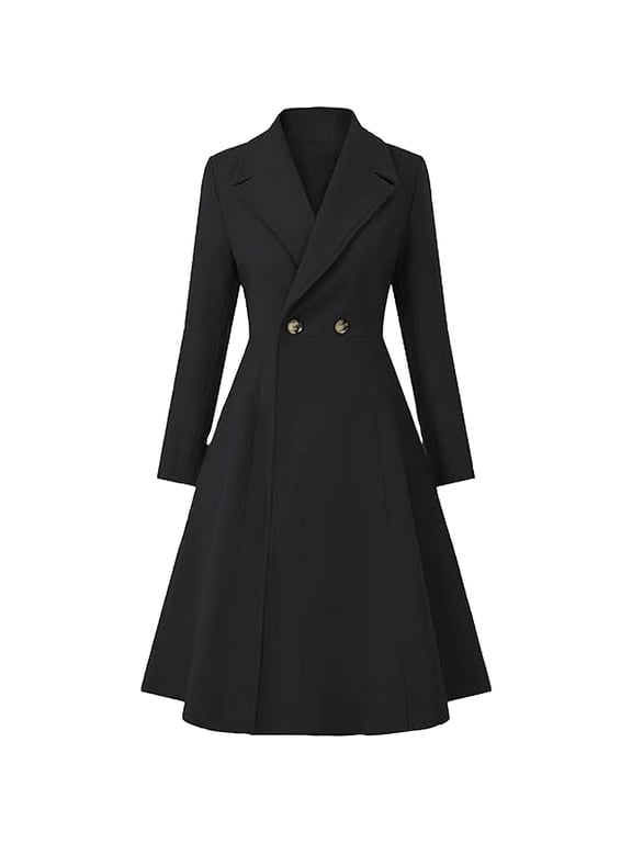 Womens Long Wool Coat Fall Winter Double Breasted Trench Coat Peacoat Jackets Black S