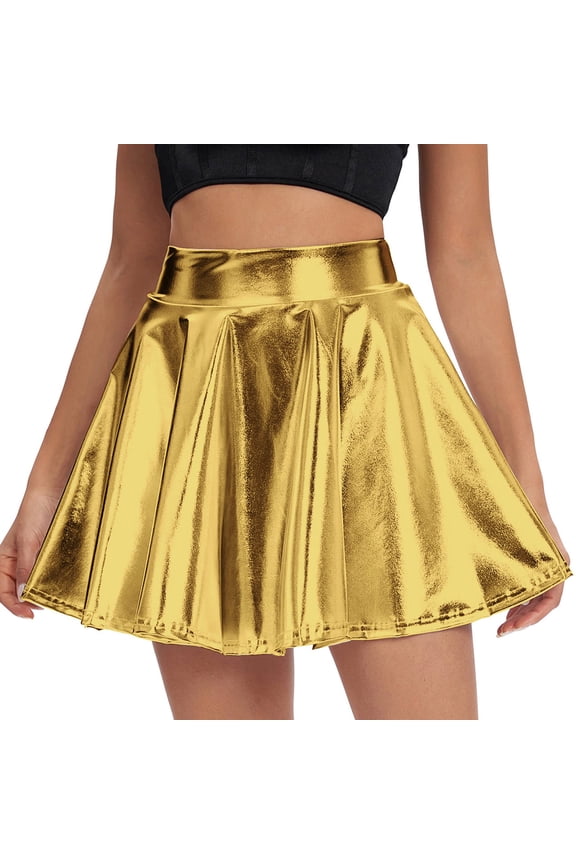 Womens Mini Skirt Pleated Flared Skater Skirt Metallic Skirt Athletic Tennis High Elastic Waist Skirt Gold M