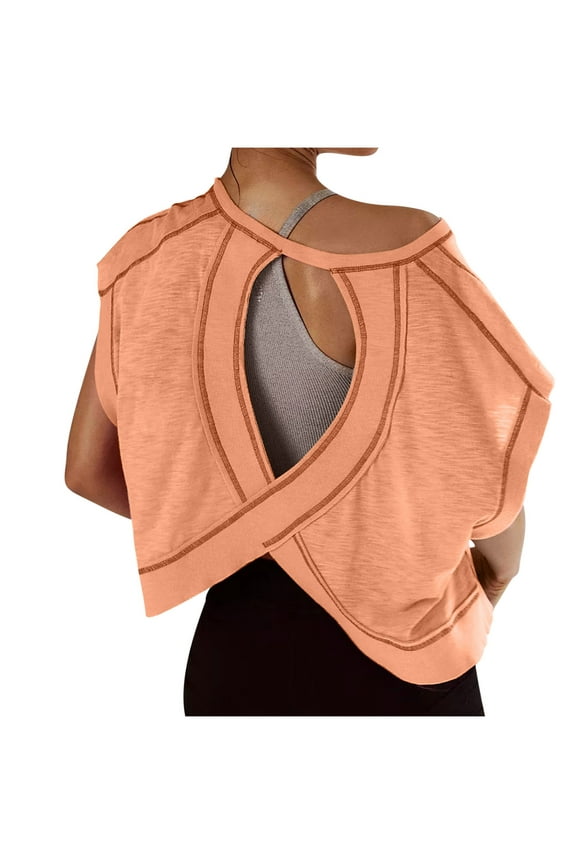 Womens Open Back Workout Tops Short Sleeve Y2k Yoga Shirts Athletic Gym Slouchy Crop Top Casual Backless Running Tees Orange XXL