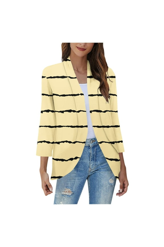 Womens Open Front Cardigan Lightweight Retro Print Cardigans 3/4 Sleeve Blouse Tops Coat Casual Duster Jackets,Yellow,M