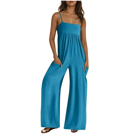 jtjvou Womens Overalls Loose Fit Spaghetti Strap Wide Leg Jumpsuit Summer workout One Piece Jumpsuits with Pockets Blue S