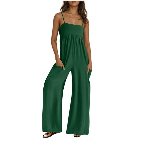 jtjvou Womens Overalls Loose Fit Spaghetti Strap Wide Leg Jumpsuit Summer workout One Piece Jumpsuits with Pockets Green M