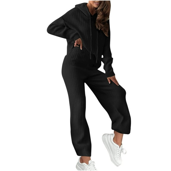 jtjvou Womens Pajama Sets Long Sleeve Sleepwear Matching Drawstring Elastic Pj Pants Ribbed Knit 2 Piece Lounge Set Black L