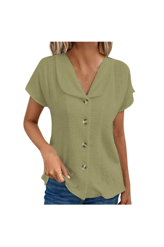 Womens Peter Pan Collar Blouses Short Sleeve V Neck Button Down Shirts Casual Summer Tunic Tops Green S