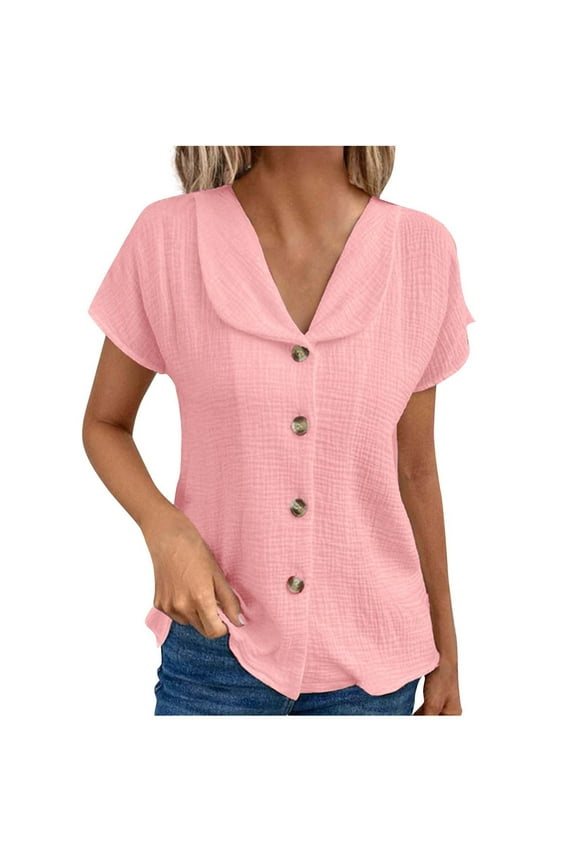 Womens Peter Pan Collar Blouses Short Sleeve V Neck Button Down Shirts Casual Summer Tunic Tops Pink S