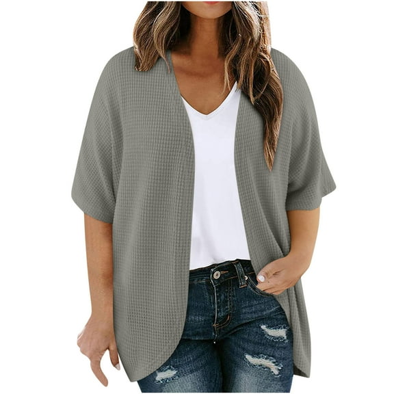 jtjvou Womens Plus Size Summer Cardigan Casual Short Sleeve Waffle Knit Kimono Open Front Oversized Tops Travel Outfits Gray XL