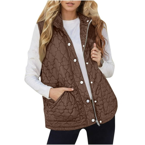 jtjvou Womens Puffer Vest Lightweight Stand Collar Sleeveless Quilted Jackets Button Fall Spring Zip Up Coat Outerwear Brown M