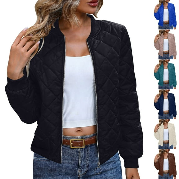 jtjvou Womens Quilted Jackets 2025 Fashion Zip Up Long Sleeve Lightweight Coat Casual Fleece Warm Comfort Outerwear Black L