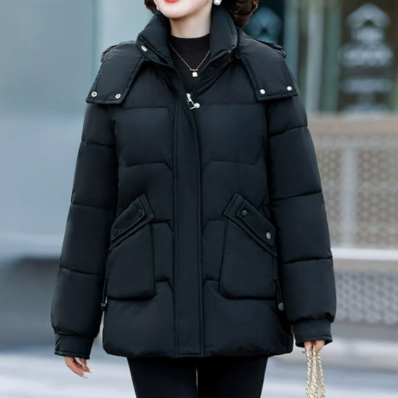 jtjvou Womens Quilted Winter Jacket Casual Detachable Hood Coat with Pockets Loose Warm Outerwear Lapel Slim FIT Jacket Black XXXXL