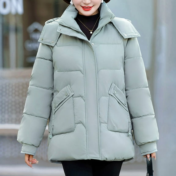 jtjvou Womens Quilted Winter Jacket Casual Detachable Hood Coat with Pockets Loose Warm Outerwear Lapel Slim FIT Jacket Green XXXL