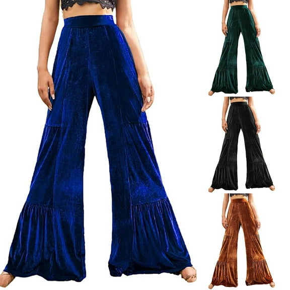jtjvou Womens Ruffle Velvet Wide Leg Pants Fashion Casual Elastic Waist Sweatpants Flare Leg Lounge Pants Black L