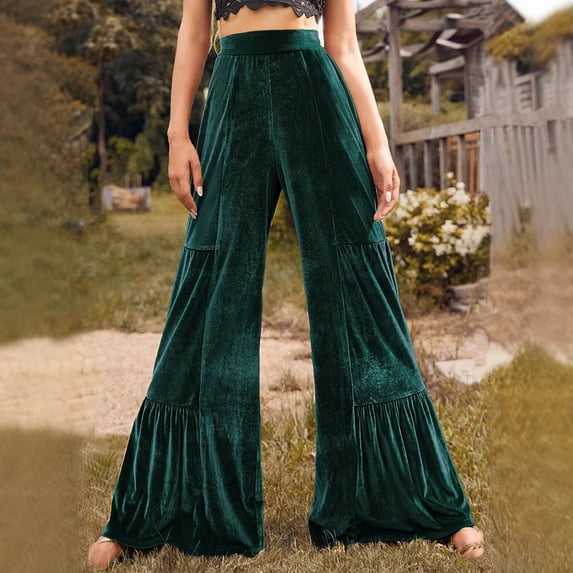 jtjvou Womens Ruffle Velvet Wide Leg Pants Fashion Casual Elastic Waist Sweatpants Flare Leg Lounge Pants Green XL