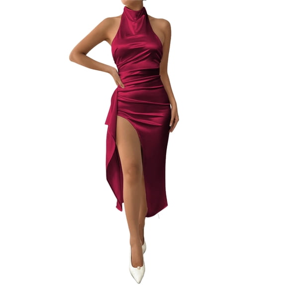 jtjvou Womens Satin Dress Sleeveless Halter Ruched Side Slit Backless Elegant Midi Dress for Party Wedding Cocktail Wine L