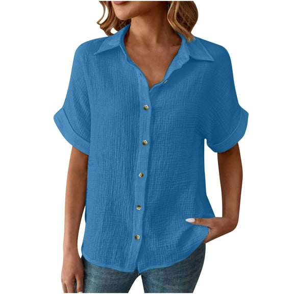 jtjvou Womens Short Sleeve Cotton Button Shirt Collared V Neck Cozy Tops Shirts Blouses Dress for Women Summer Work Blouse Blue 2XL