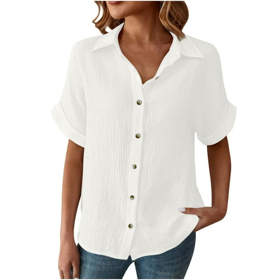 jtjvou Womens Short Sleeve Cotton Button Shirt Collared V Neck Cozy Tops Shirts Blouses Dress for Women Summer Work Blouse White 3XL