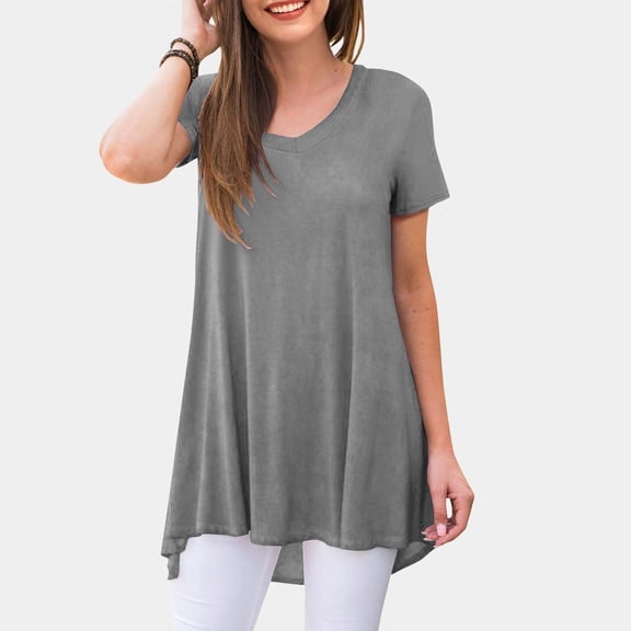 jtjvou Womens Short Sleeve Summer Tunic Tops to Wear with Leggings Loose Fit Plus Size Gray S