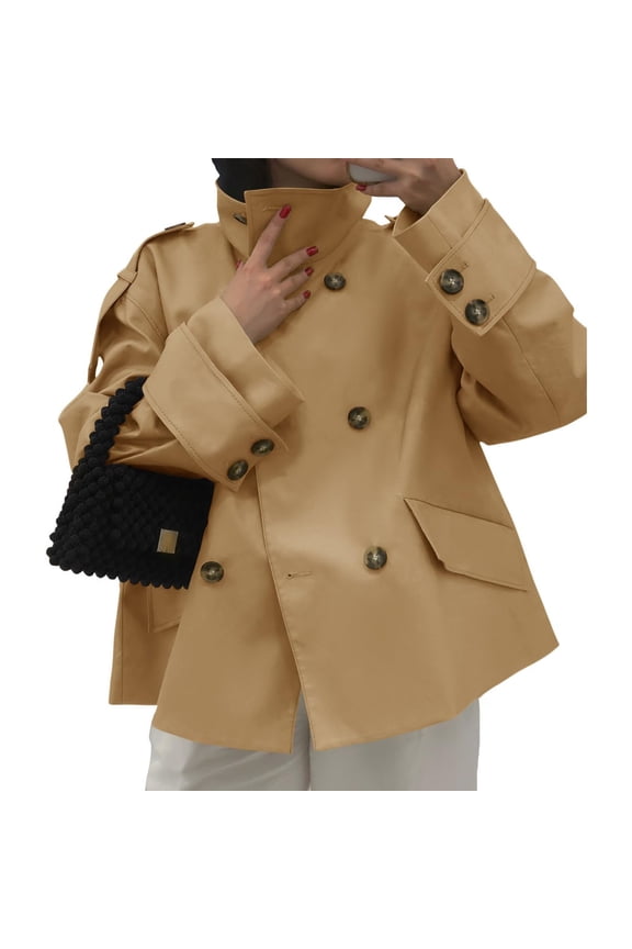 Womens Short Trench Coat Oversized Double Breasted Stand Collar Cropped Jacket Fall Casual Work Outerwear Yellow L