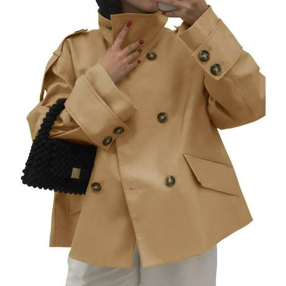 jtjvou Womens Short Trench Coat Oversized Double Breasted Stand Collar Cropped Jacket Fall Casual Work Outerwear Yellow M