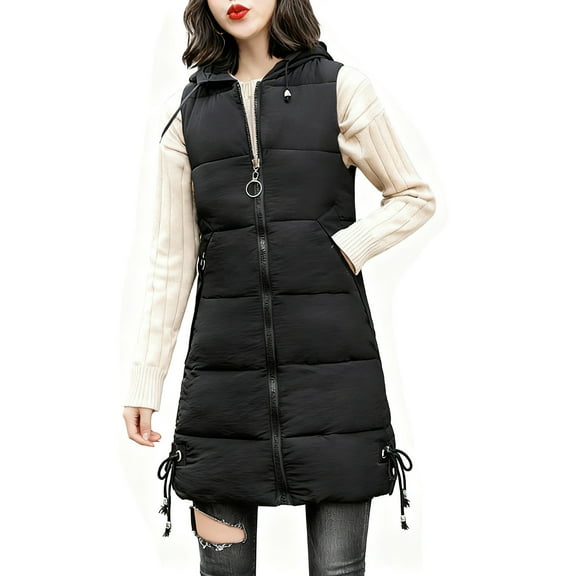 jtjvou Womens Sleeveless Puffer Jacket Warm Winter Vest Coats Trendy Hooded Plain Down Jackets Zipper Long Outwear Black XXXL