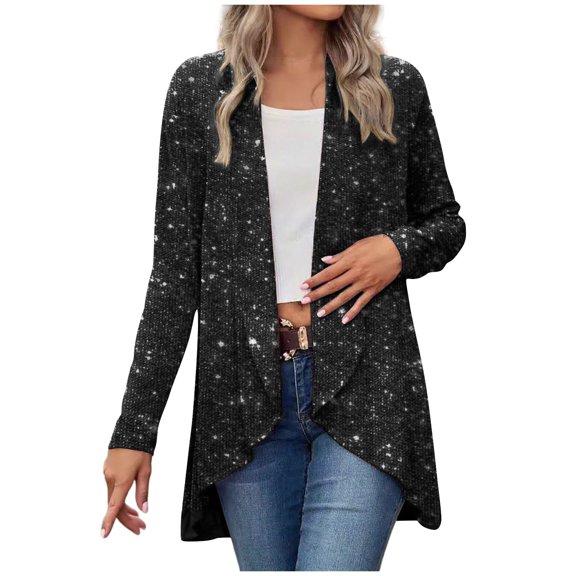 jtjvou Womens Sparkly Cardigans Shiny Fashion Baggy Long Sleeve Open Front Coats Asymmetrical Disco Party Outfits Outerwear Black M
