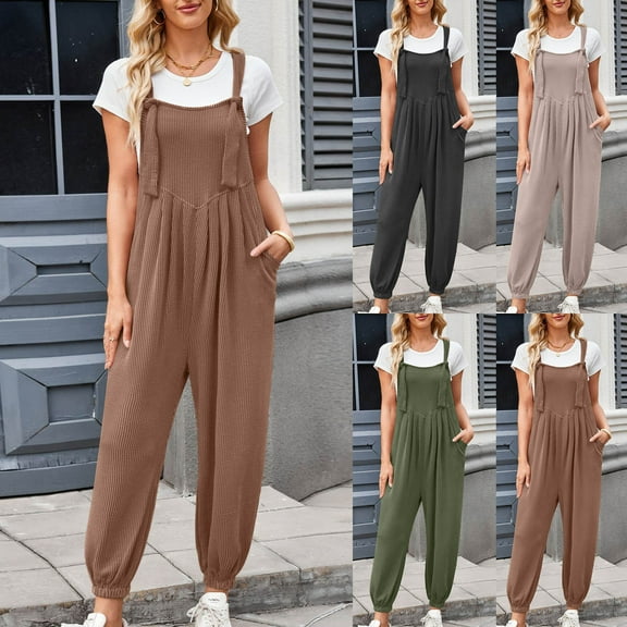 jtjvou Womens Summer Casual Loose Jumpsuits Adjustable Strap Fashion Pleated Romper Soft Comfort Trendy Jumpers Green L