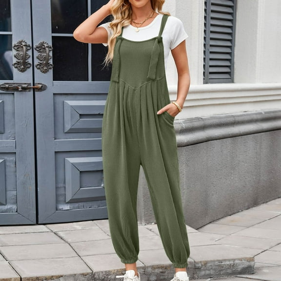 jtjvou Womens Summer Casual Loose Jumpsuits Adjustable Strap Fashion Pleated Romper Soft Comfort Trendy Jumpers Green S