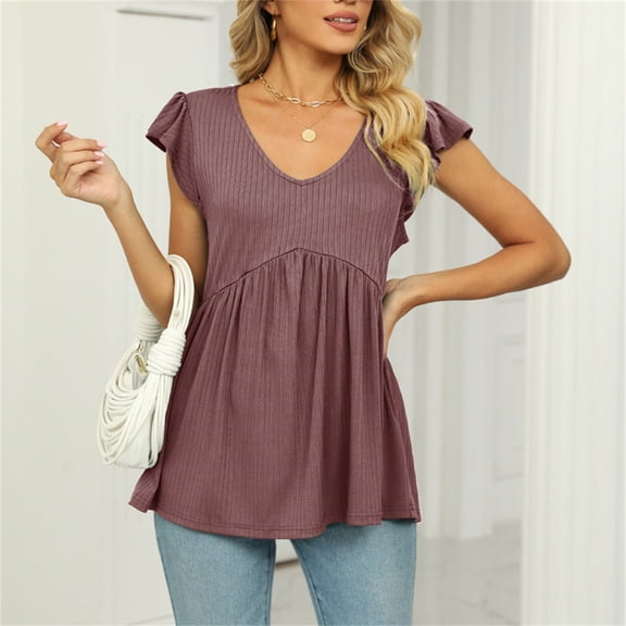 jtjvou Womens Summer Dressy Tops Casual V Neck Shirts Cap Sleeve Babydoll Blouses Tunic Tops Pink XXL